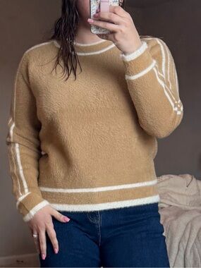 Karen Kane Camel Crewneck Sweater with Cream Trim